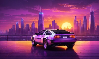 Retro Sunset Car With City On The Background