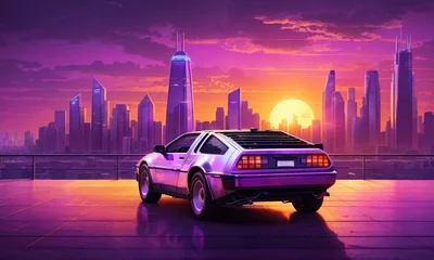 Poster Retro Sunset Car With City On The Background © SyabilaSyifa