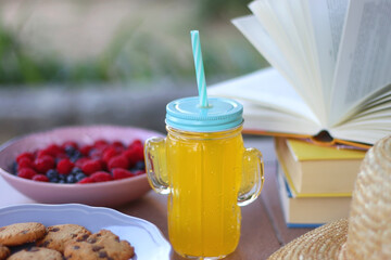 Straw hat, orange soda in the cactus shaped cup, bowl of fresh blueberreis and raspberries, plate of chocolate chip cookies, stack of books and sunglasses in the garden. Selective focus.