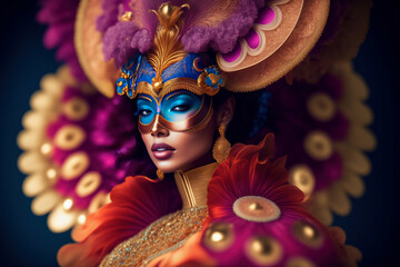 Beautiful Latin Woman dressed for carnival dance party with mask and colorful headdress. Generative Ai