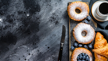 Donuts (buns) with powdered sugar, blueberries, croissant and coffee for breakfast. Black...