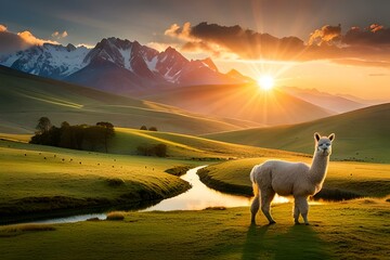 llama in mountains  in sunset background - Powered by Adobe