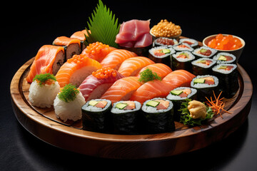 Sushi Platter on dark background. Various salmon sushi