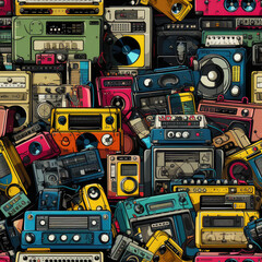 Retro gadgets funky repeat pattern colorful graffiti doodles