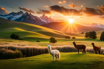 sunrise in the mountains and llama