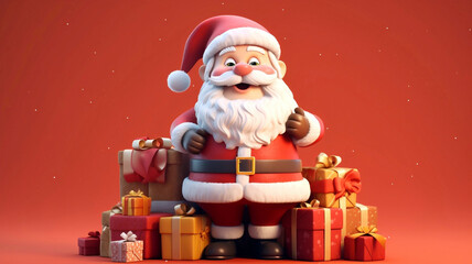 santa claus with gifts on red background. 