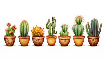 set of cactus  in pot isolated on white background. flat lay, top view.