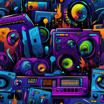 Retro gadgets funky repeat pattern colorful graffiti doodles