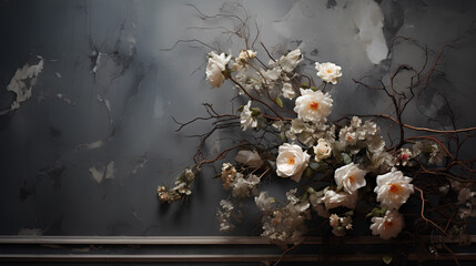 floral composition. white roses on a black background. vintage style. selective focus.