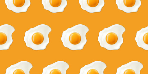 Fried eggs on a yellow background. Seamless pattern with scrambled eggs. Vector illustration of eggs. Realistic image.