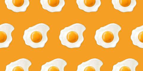 Fried eggs on a yellow background. Seamless pattern with scrambled eggs. Vector illustration of eggs. Realistic image.