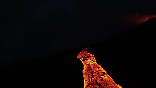 Dramatic FPV Drone Panoramic footage of Volcano Eruption. Iceland 28.7.2023., Litli- Hr&uacute;tur, Fagradalsfjall. Lava is Exploding and Spreading out of Crater. Slow Motion.