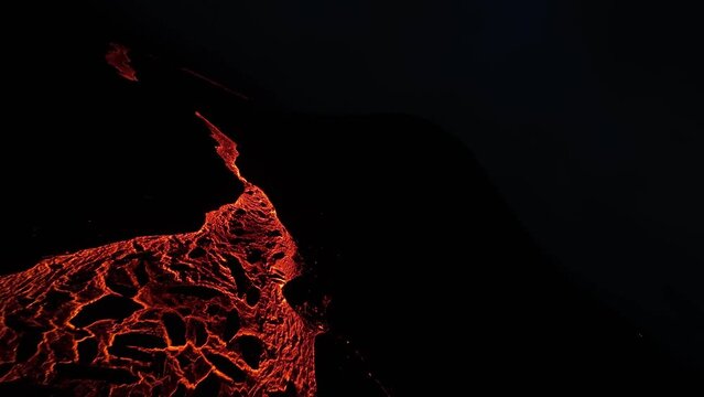 Dramatic FPV Drone Panoramic footage of Volcano Eruption. Iceland 28.7.2023., Litli- Hr&uacute;tur, Fagradalsfjall. Lava is Exploding and Spreading out of Crater. Slow Motion.