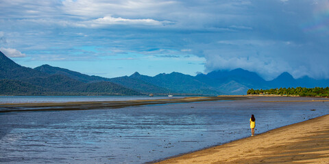Fototapeta premium pretty girl in yellow dress admiring the view of hinchinbrook island from the beach in cardwell, north queensland, australia; tropical beach with palm trees and famous island in the background