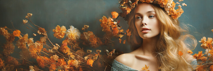 Beautiful young woman in a wreath of autumn leaves and flowers with flowing hair  at blue background with yellow and orange colored flowers. Banner. Generative Ai content