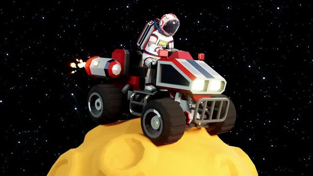 Astronaut rides on a space rover on a rotating moon. - looping 3D animation in a cartoonish style.
