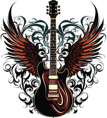 Guitar with wings. electric guitar and angel wings, isolated on white background.