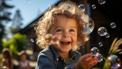 Beautiful little child toddler boy having fun with blowing soap bubble blower. Cute adorable baby child playing in the garden on sunny summer day. Happy active funny healthy kid