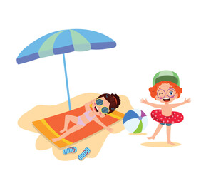 Kid on beach towel under umbrella, flat cartoon vector illustration isolated