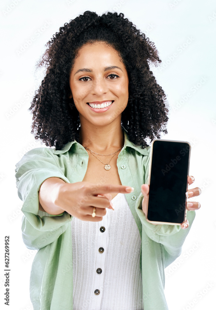 Aufkleber screen, mockup or portrait of happy woman with phone on white background on social media or product 