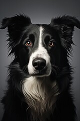 portrait of white and black medium mixed breed dog a grey background