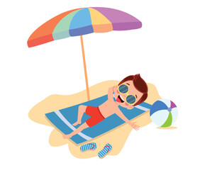 Kid on beach towel under umbrella, flat cartoon vector illustration isolated