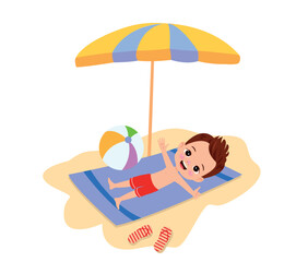 Kid on beach towel under umbrella, flat cartoon vector illustration isolated