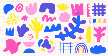 Shapes set in hand drawn doodle cute style. Abstract shapes, lines, elements collection. Background with funny moody character, flower, tree, bird, leaf, swirls, dots.