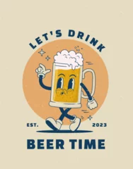 Fotobehang Motiverende quotes Cartoon beer mug character in retro style for bar banner. Vector illustration. Vintage alcohol drink mascot poster. Nostalgia 60s, 70s, 80s