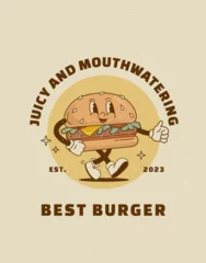 Fototapete Positive Typografie Retro cartoon funny burger character poster. Vintage street food hamburger, sandwich mascot vector illustration for fast food restaurant,. Nostalgia 60s, 70s, 80s
