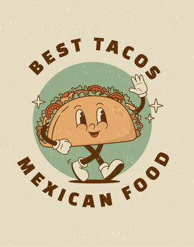 Naklejki Retro cartoon funny taco character poster. Vintage mexican street food mascot vector illustration. Nostalgia 60s, 70s, 80s