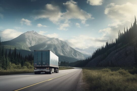 Truck On The Highway, Mountains, Us, Canada, Majestic, Back View