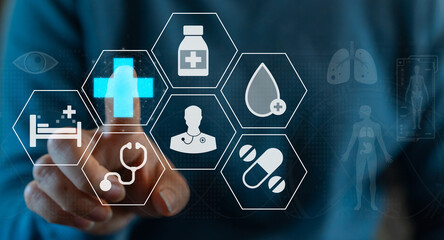 Human touch screen blue virtual hospital plus sign, healthcare, hospital, insurance, mental health...