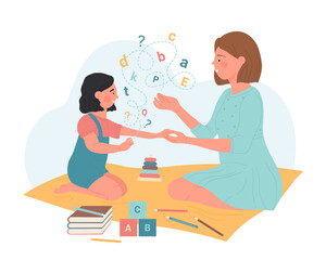 Speech therapy vector illustration. Cartoon therapist showing letters to little girl with disorder, game development of childs pronunciation at session in kindergarten, teacher speaking with kid - obrazy, fototapety, plakaty