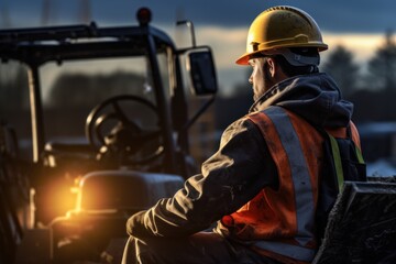 A road worker in overalls and a helmet operates road equipment AI generative - obrazy, fototapety, plakaty