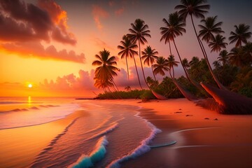 A beautiful beach with coconuts trees at sunset