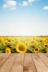 empty space on the wooden terrace and view of sunflower flowers AI generative