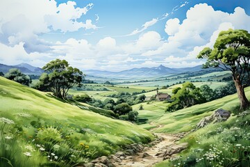 Light watercolors landscapes, green hills,