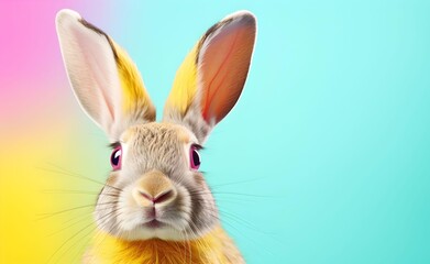 Fototapeta na wymiar Creative Animal Concept. Colorful Bunny over pastel bright background. Generative AI.
