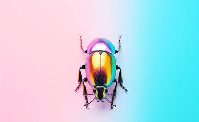 Creative Animal Concept. Macro shot of blue beetle over bright pastel background. Generative AI.