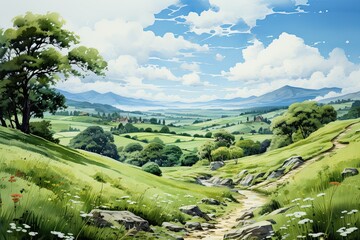 Light watercolors landscapes, green hills,