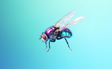 Creative Animal Insect Concept. Fly over blue pastel bright background. Generative AI.