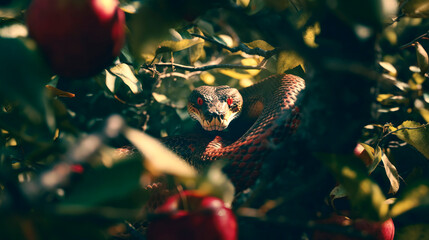 Snake in an apple tree. Fall of mankind or original sin concept. - obrazy, fototapety, plakaty