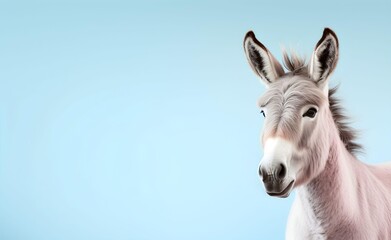 Creative animal concept. Long hair donkey over pastel bright background. Generative AI.