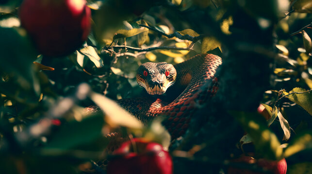 Snake in an apple tree. Fall of mankind or original sin concept.