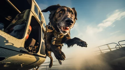 Fotobehang Life guard dog jumping out of helicopter © Michael Persson