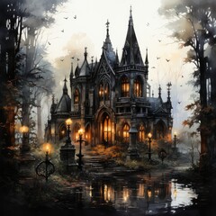 Fototapeta na wymiar Hand Painted Watercolor Clipart Gothic Mausoleum in a Cemetery