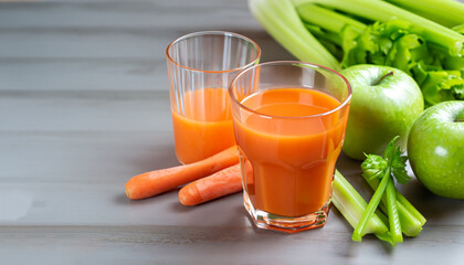 Two glasses with carrot juice, celery and green apple on the table. Diet, healthy eating, food and weigh loss concept.