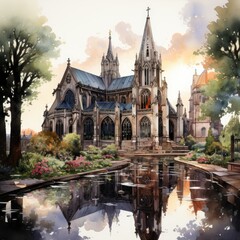 Hand Painted Watercolor Clipart Gothic Cemetery with Stained Glass