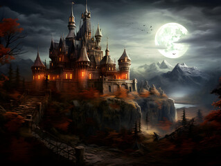 Naklejka premium haunted halloween castle in the night